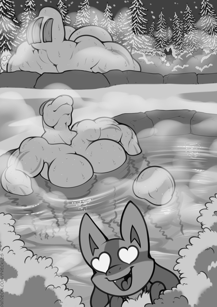 anthro big_breasts biped breasts canid canine comic duo female female_machoke fingers freckles_(artist) generation_1_pokemon generation_4_pokemon genitals hot_spring lucario machoke mammal monochrome muscular muscular_female nintendo open_mouth open_smile partially_submerged plant pokemon pokemon_(species) pussy smile tree water