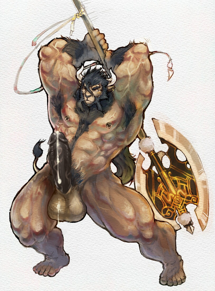 anthro axe balls battle_axe big_muscles bodily_fluids cum cum_drip dripping erection genital_fluids genitals horn hybrid male mammal muscular penis pockyrumz solo