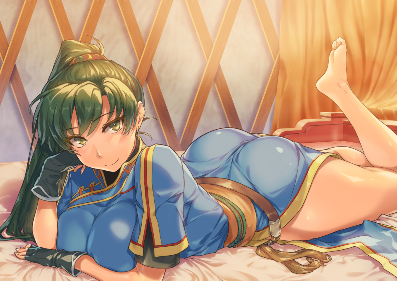 1girls, ass, asymmetrical bangs, bangs, barefoot, belt, big ass, black gloves, blush, breasts, closed mouth, earrings, feet up, female, fingerless gloves, fire emblem, fire emblem: the blazing blade, gloves, green eyes, green hair, high ponytail, jewelry, large breasts, long hair, looking at viewer, lying, lyn (fire emblem), lyndis (fire emblem), obi, on stomach, ponytail, sajittari, sash, shinon (tokage shuryou), short sleeves, side slit, smile, thighs