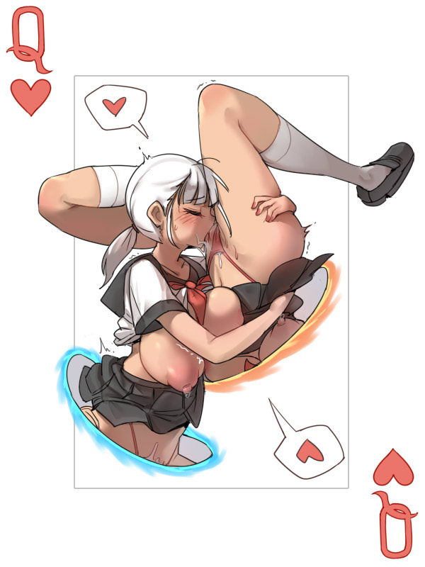 autocunnilingus black_skirt blush breasts card card_(medium) closed_eyes clothes_pull cunnilingus grunt_frostwolf heart huge_breasts lactation large_areolae licking loafers masturbation neckerchief now_you're_thinking_with_portals onlineworms oral panties playing_card pleated_skirt ponytail portal_(object) portal_(series) queen_(playing_card) queen_of_hearts_(playing_card) red_neckerchief red_panties saliva school_uniform serafuku shirt_pull shoes skirt skirt_rolled_up socks tongue tongue_out trembling underwear upside-down white_background white_hair white_socks