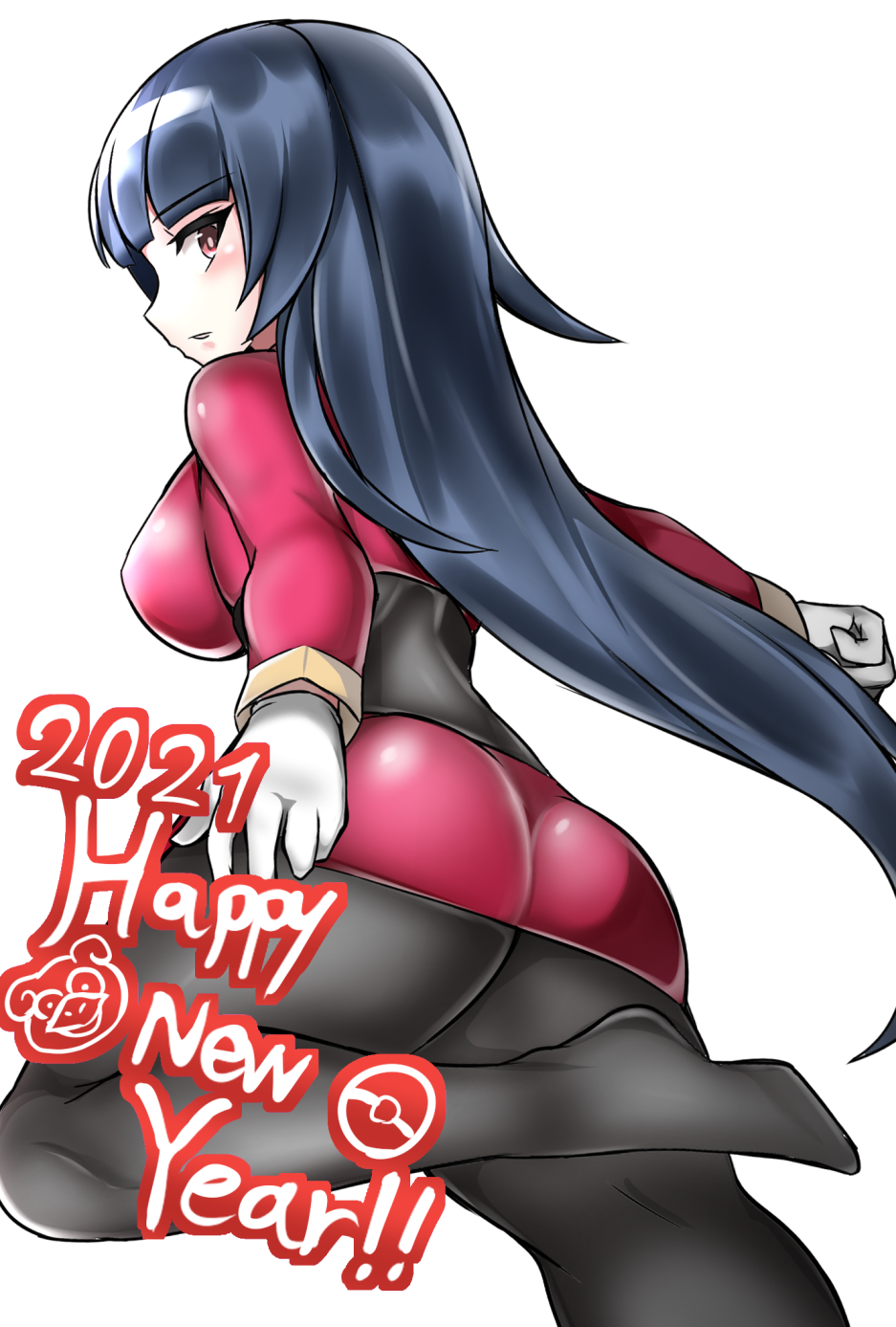 1girls 2021 ass big_ass breasts eye_contact female fully_clothed gloves hime_cut long_hair looking_at_viewer new_year nintendo pokemon pokemon_rgby red_eyes sabrina_(pokemon) sumida_kichi text thick_ass thick_thighs thighs tight_clothing