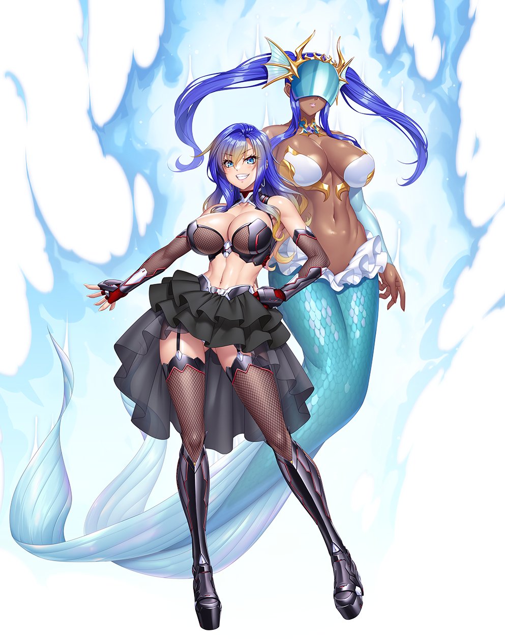 2girls alternate_hair_color armor ass_visible_through_thighs bare_shoulders black_armor black_skirt black_thighhighs blonde_hair blue_eyes blue_hair boots breasts cleavage covered_eyes covered_face dark-skinned_female dark_skin earrings elbow_gloves female female_only fins fish_tail fishnet_thighhighs fishnets frilled_skirt frills fully_clothed garter_straps gloves gradient_hair headgear high_heels highres huge_breasts jewelry kagami_hirotaka large_breasts long_hair looking_at_viewer mermaid midriff monster_girl multicolored_hair multiple_girls navel official_art open_mouth platform_boots platform_footwear revealing_clothes skirt smile standing stockings sumitani_yumi tail taimanin_(series) taimanin_rpgx taimanin_suit teeth thighhighs twintails two-tone_hair