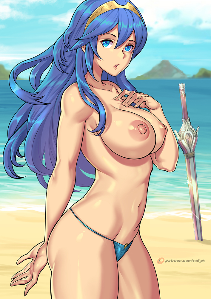 1girls, alternate breast size, alternate costume, alternate version available, bare midriff, beach, big breasts, bikini, blue eyes, blue hair, breasts, falchion (fire emblem), female, female focus, fire emblem, fire emblem awakening, long hair, looking at viewer, lucina (fire emblem), nintendo, nipples, ocean, outdoors, patreon username, redjet, swimsuit, sword, tiara, topless, translucent clothing, water, weapon