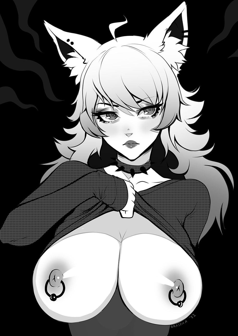 1girls animal_ears big_breasts brassica collar monochrome nipple_piercing nipples piercing shirt_lift spiked_collar