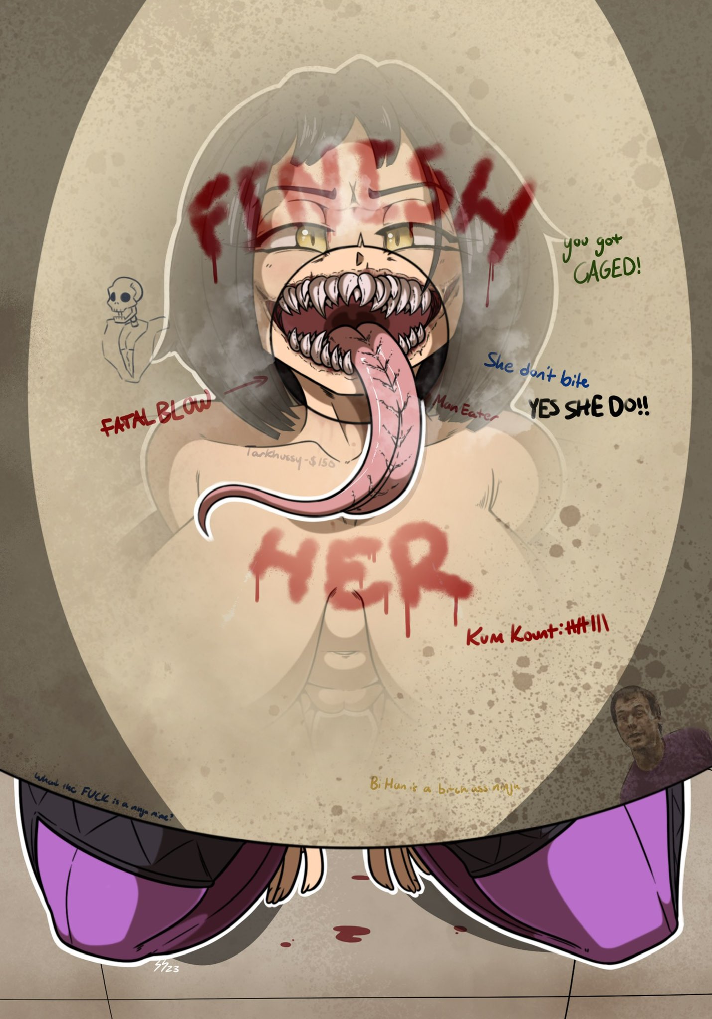 1girls, areolae, big breasts, black hair, blood, breasts, female, female only, glory hole, humor, imminent eating, imminent fellatio, imminent oral, imminent sex, long tongue, looking at viewer, mileena, mortal kombat, mortal kombat 11, nipples, on knees, open mouth, satsukisupreme, see-through, sharp teeth, soles, solo, solo focus, tagme, text, thick thighs, thighhighs, thighs, tongue, tongue out, yellow eyes