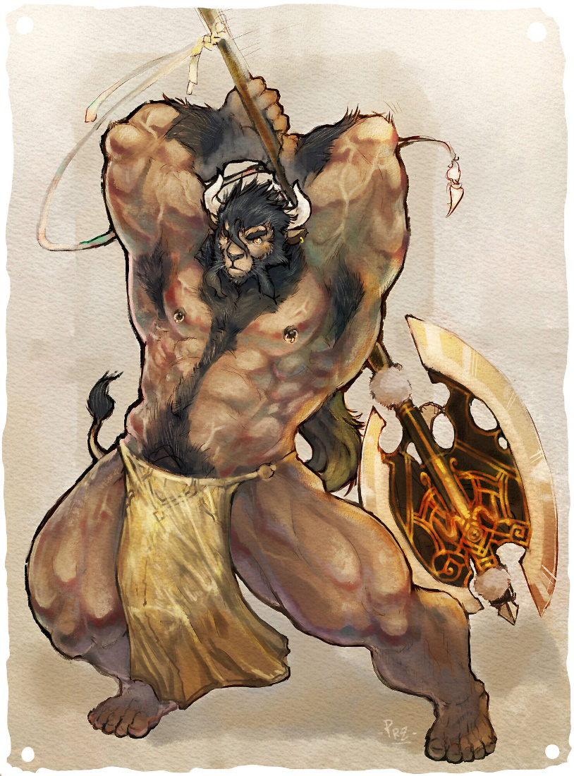 anthro axe battle_axe big_muscles bottomwear bulge clothing genital_outline horn hybrid loincloth male mammal muscular penis_outline pockyrumz solo