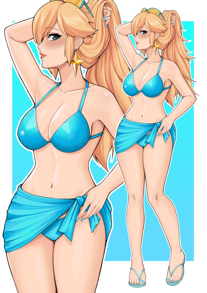 1girls 2020s 2024 big_breasts bikini blonde_hair blue_bikini blue_eyes blue_nails breasts close-up earrings eyebrows_visible_through_hair feet female female_only flip_flops long_hair looking_at_viewer mario_(series) nail_polish nintendo princess_rosalina saikoartanime sandals smile solo star_earrings sunglasses sunglasses_on_head super_mario_galaxy