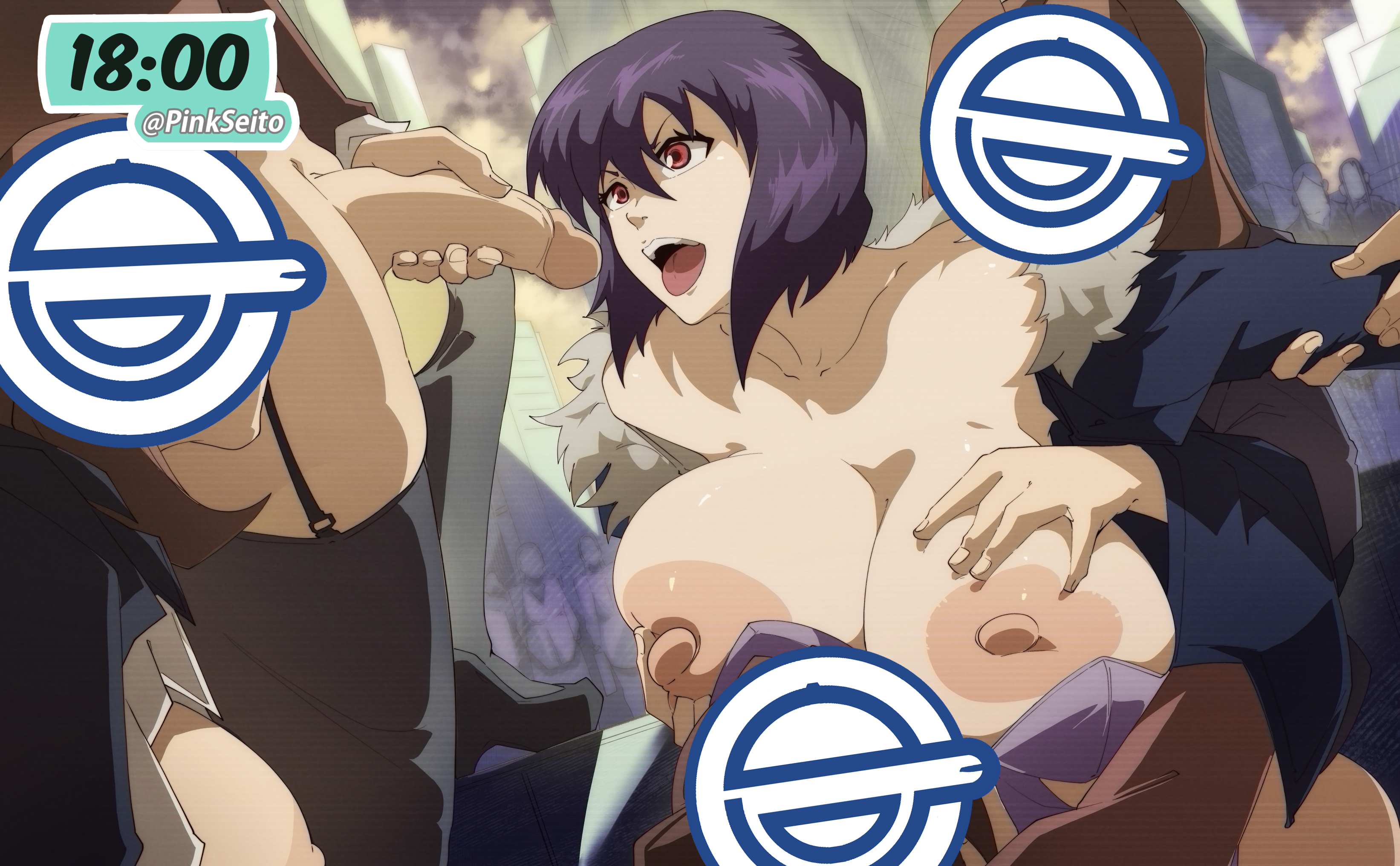 1girls, 2d, 3boys, big breasts, blowjob, bra down, breasts, fellatio, female, gangbang, ghost in the shell, ghost in the shell stand alone complex, hand on breast, kusanagi motoko, male, nipples, pinkseito, purple hair, red eyes, robot humanoid, the laughing man, tongue, tongue out, watermark