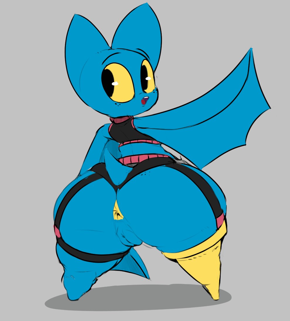 2d adorabat anthro anus ass bat big_ass big_ears big_eyes blue_body bottom_heavy bottomless chiropteran clothing crop_top digital_media_(artwork) female female_only freckles freckles_on_ass freckles_on_face furgonomics furry genitals grey_background hi_res huge_ass looking_back mammal mao_mao:_heroes_of_pure_heart open_mouth pegleg plump_labia ponk pussy rear_view simple_background solo straps tail thick_thighs tongue topwear wide_hips wings yellow_sclera