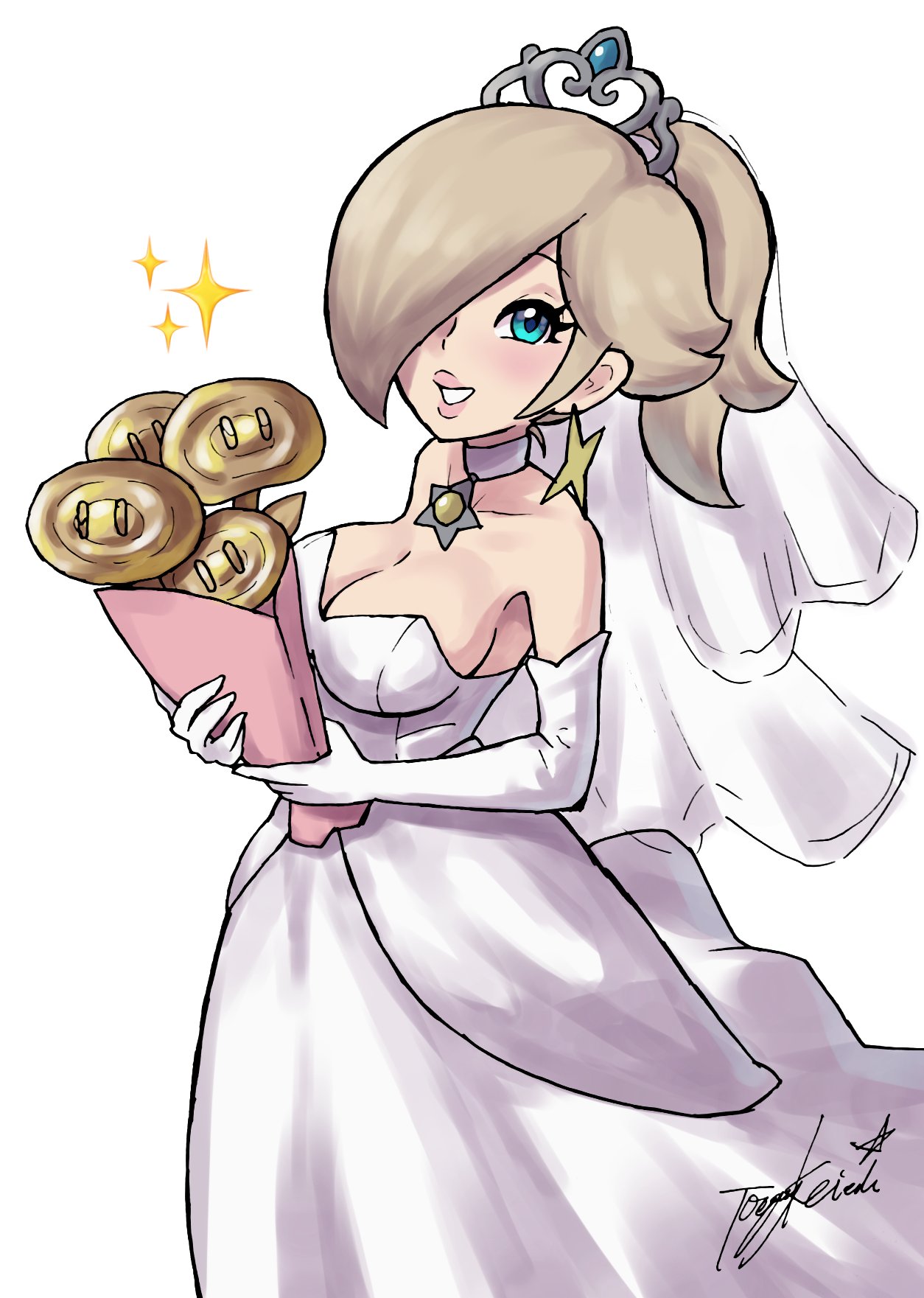 big_breasts blonde_hair blue_eyes blush breasts cleavage earrings female female_only fire_flower hair_over_one_eye large_breasts mario_(series) nintendo princess_rosalina solo super_mario_galaxy super_mario_odyssey tagme wedding_dress white_background yamino_ekakinin