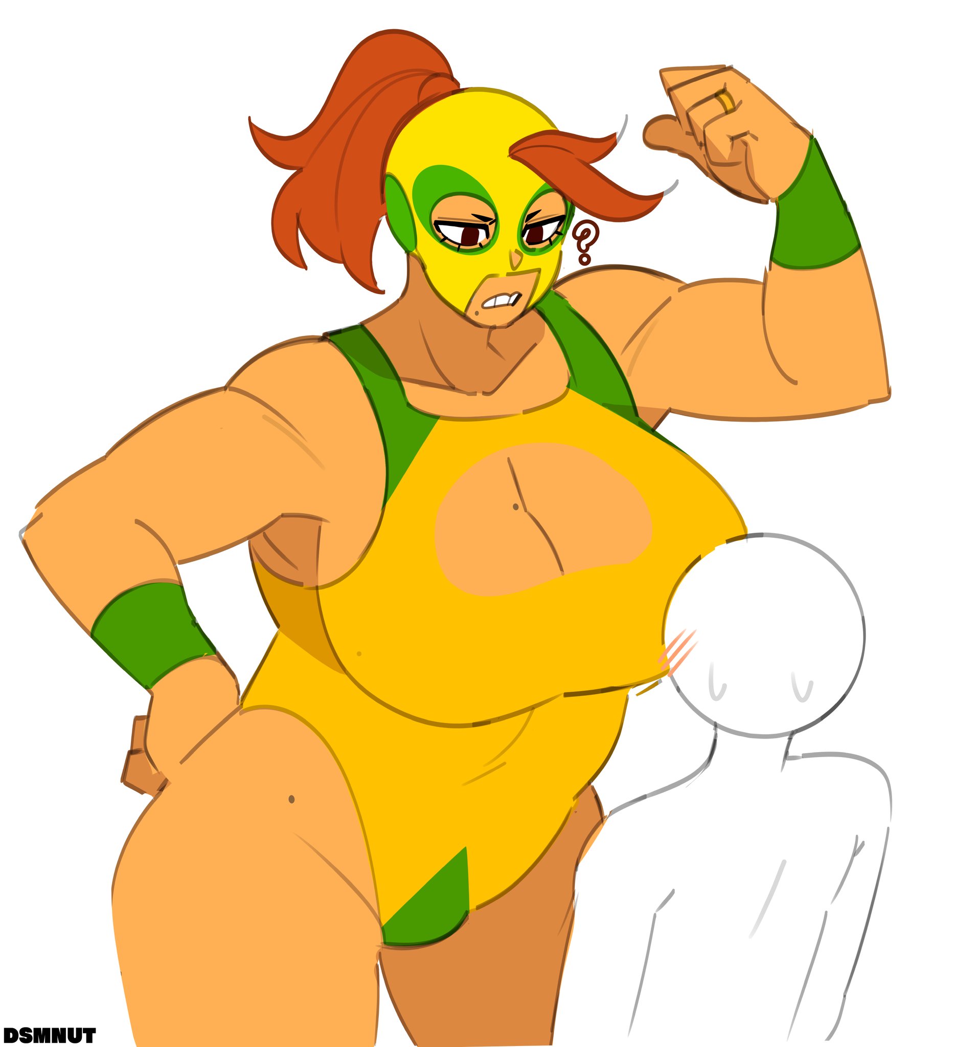 ?, 1girls, 1other, 2024, ambiguous gender, annoyed, anon, arm up, artist name, ass, biceps, big ass, big breasts, breasts, brown eyes, busty, cleavage, cleavage cutout, clenched teeth, clothed, clothed female, clothes, clothing, curvaceous, curvy, dsmnup, duo, eyelashes, female, female focus, female/ambiguous, flexing, front view, fully clothed, hair, hand on hip, height difference, hi res, huge breasts, human, human only, large ass, large breasts, leotard, long hair, mask, mole, mole on breast, mole on thigh, mole under mouth, muscular, muscular arms, muscular female, orange hair, original, original character, ponytail, pose, posing, red hair, ring, simple background, skin tight, standing, taller female, tan body, tan skin, tan-skinned female, teeth, thick thighs, thighs, voluptuous, white background, wide hips, wrestler, wrestling mask, wrestling outfit, wrestling singlet, wristband