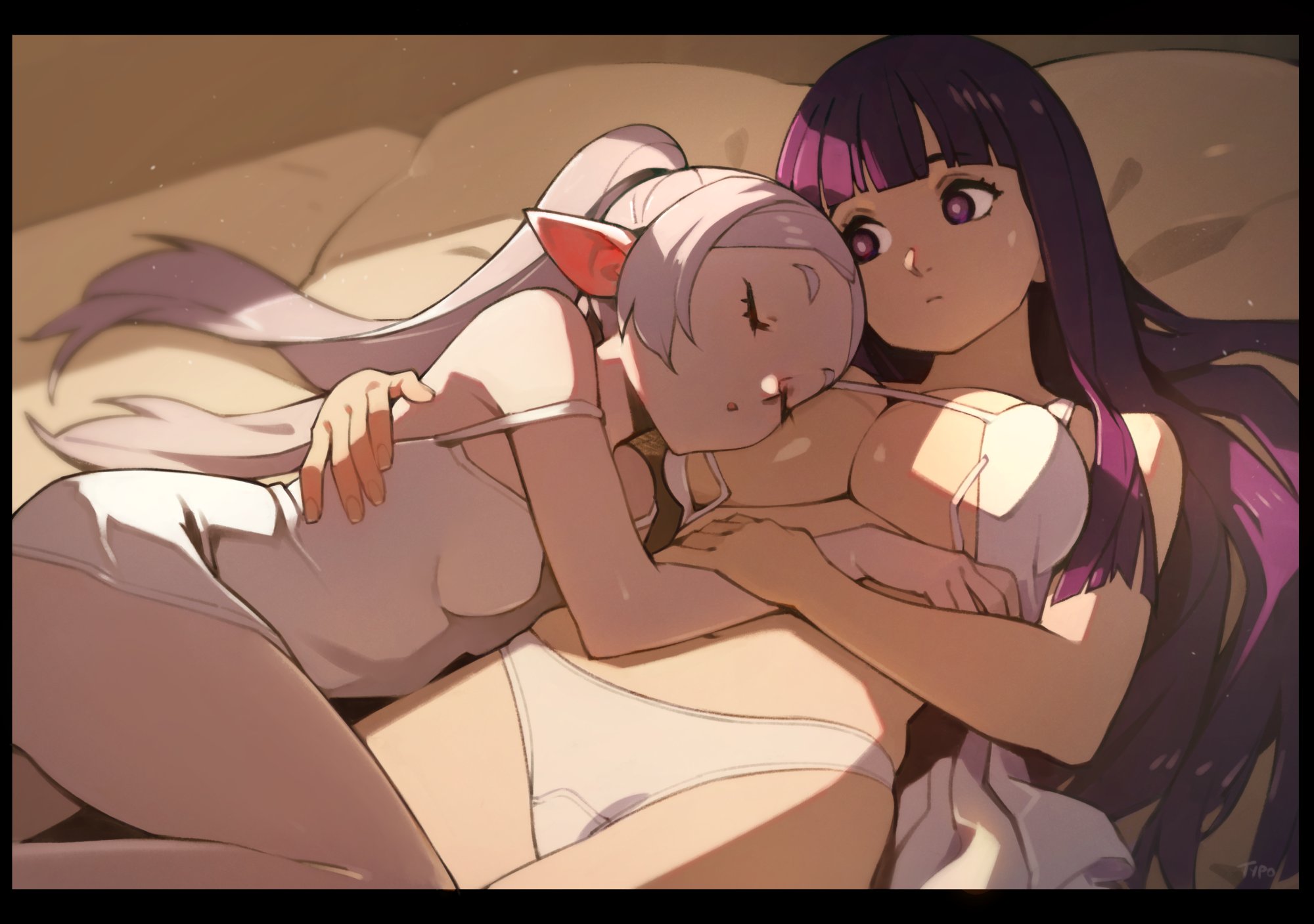 2girls, breasts, cuddling, elf, elf ears, female, female only, fern (sousou no frieren), frieren, hime cut, huge breasts, light skin, light-skinned female, long hair, multiple females, multiple girls, nightgown, optionaltypo, pointy ears, purple eyes, purple hair, sleeping, small breasts, sousou no frieren, very long hair, wholesome, yuri
