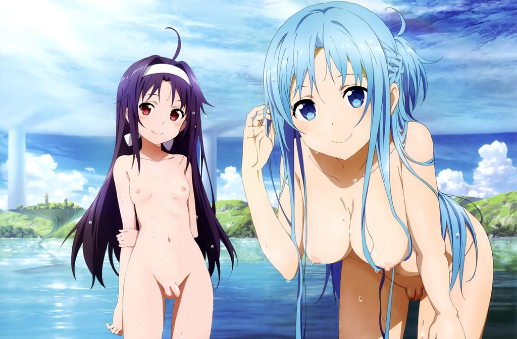 2futas alfheim_online anonfutashopper_(editor) balls big_breasts blue_eyes blue_hair breast_size_difference breasts edit flaccid futa_only futanari konno_yuuki looking_at_viewer micropenis nakamura_naoto small_breasts small_penis sword_art_online thighs yuuki_asuna