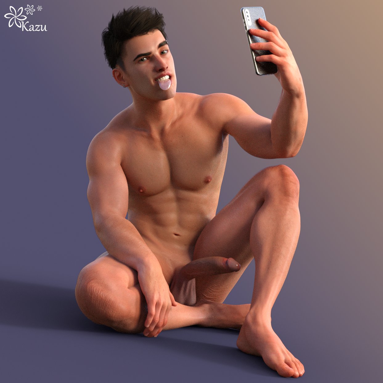 1boy 1human 1male 3d 3d_(artwork) 3d_model brown_hair ear_piercing earrings green_eyes looking_at_viewer male male_focus male_only masculine naked naked_male nude nude_male oc original original_character selfie selfie_with_penis shaved_crotch sitting solo solo_focus solo_male tongue_out