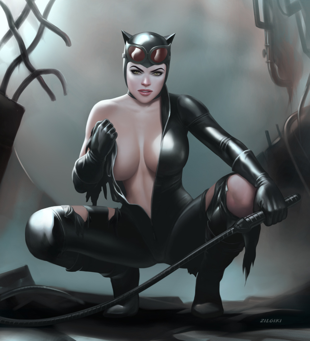 batman (series), big breasts, black clothing, boots, breasts, cat ears, catwoman, crouching, dc, dc comics, female, female only, gloves, goggles, green eyes, partially clothed, ripped clothing, selina kyle, solo female, tight clothing, whip, zilgiki