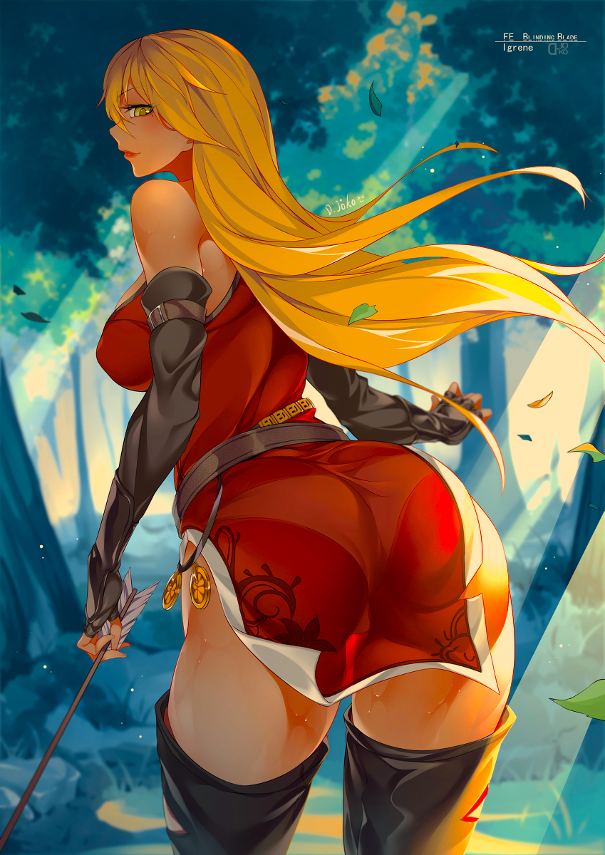 1girls arrow ass ass_focus back back_view beauty_mark big_ass big_breasts blonde_hair boots commission d._joko edit fire_emblem fire_emblem:_the_binding_blade forest igrene_(fire_emblem) large_ass large_breasts lips long_hair looking_at_viewer looking_back mature mature_female mole nintendo nipple_bulge outside panties pantylines smile solo solo_female sweat thick_thighs yellow_eyes