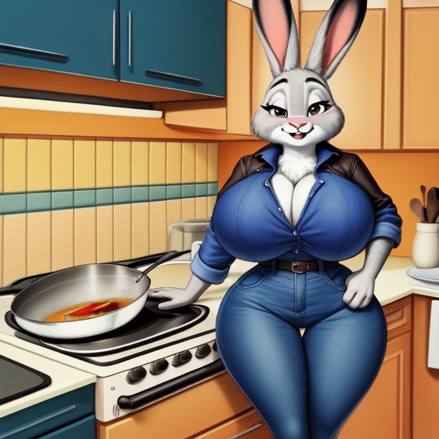 ai_generated clothing cloudsmith cooking huge_breasts huge_hips jacket jean_jacket judy_hopps