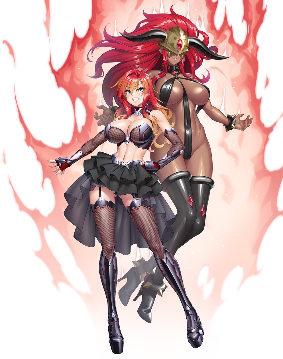 2girls alternate_hair_color armor ass_visible_through_thighs bare_shoulders black_armor black_skirt black_slingshot_swimsuit black_thighhighs blue_eyes boots bracelet breasts cleavage collar covered_eyes covered_face dark-skinned_female dark_skin earrings elbow_gloves fake_horns female female_only fishnet_thighhighs fishnets frilled_skirt frills garter_straps gloves gradient_hair headgear helmet high_heels highres horned_headwear horned_helmet horns huge_breasts jewelry kagami_hirotaka large_breasts long_hair looking_at_viewer midriff monster_girl multicolored_hair multiple_girls navel official_art open_mouth orange_hair platform_boots platform_footwear red_hair revealing_clothes skirt slingshot_swimsuit smile spiked_anklet spiked_bracelet spiked_collar spiked_cuffs spikes standing sumitani_yumi swimsuit tail taimanin_(series) taimanin_rpgx taimanin_suit teeth thighhighs two-tone_hair