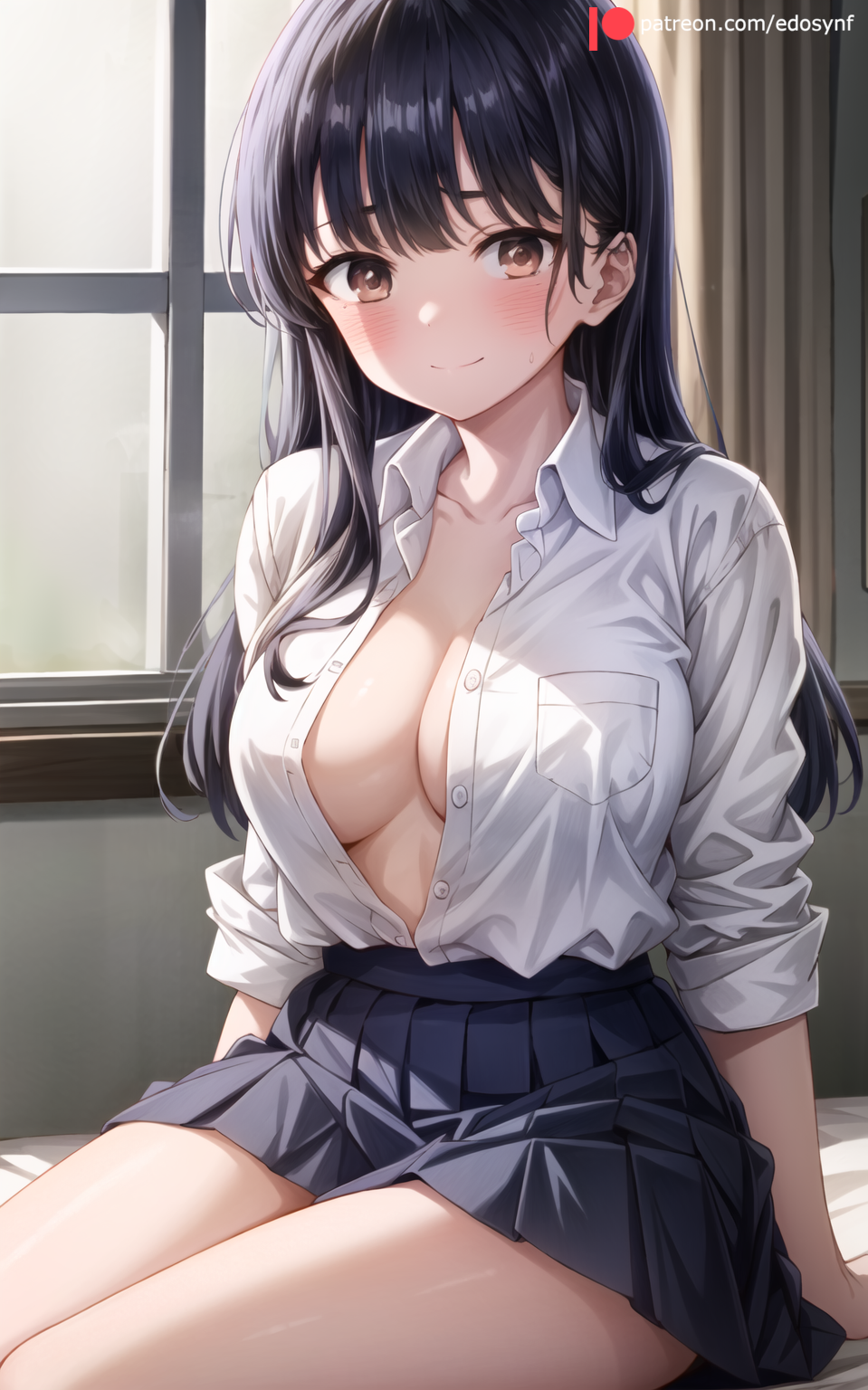 ai_generated bangs black_hair blue_skirt blush boku_no_kokoro_no_yabai_yatsu breasts brown_eyes cleavage closed_mouth collarbone collared_shirt edosynf female hair_ornament highres indoors large_breasts long_hair long_sleeves looking_at_viewer no_bra open_clothes open_shirt pleated_skirt school_uniform shirt shirt_tucked_in sitting skirt sleeves_rolled_up smile solo thighs white_shirt window yamada_anna