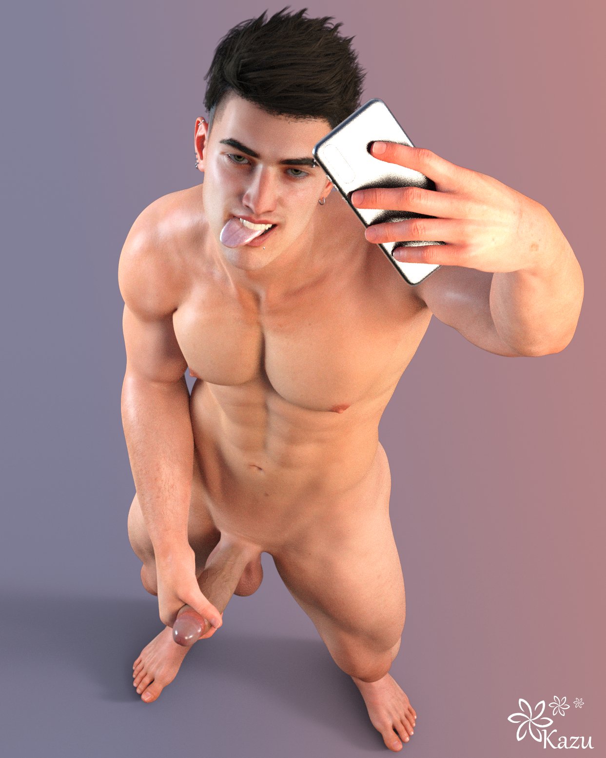 1boy 1human 1male 3d 3d_(artwork) 3d_model brown_hair ear_piercing earrings green_eyes looking_at_viewer male male_focus male_only masculine naked naked_male nude nude_male oc original original_character selfie selfie_with_penis shaved_crotch solo solo_focus solo_male stroking stroking_cock stroking_penis tongue_out