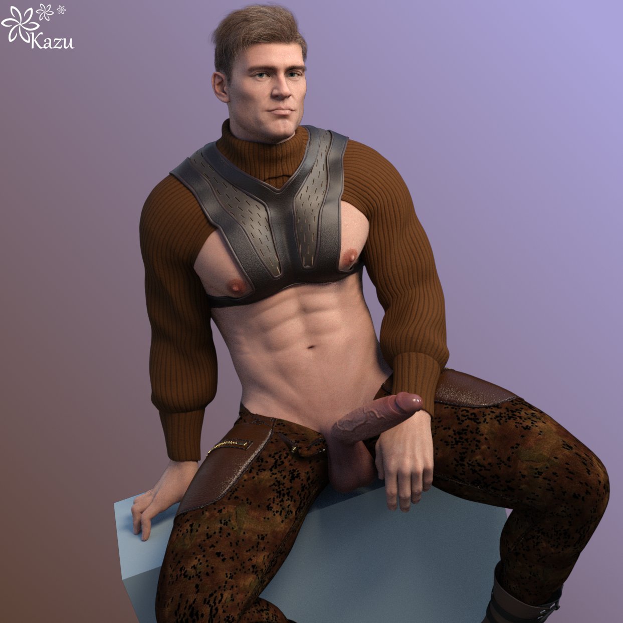 1boy 1human 1male 3d 3d_(artwork) 3d_model big_areola big_nipples blue_eyes erect_nipples exposed_cock exposed_penis exposing exposing_penis kazuworks light_brown_hair looking_at_viewer male male_focus male_only masculine oc original original_character pants_pulled_down presenting presenting_penis skimpy_topwear solo solo_focus solo_male