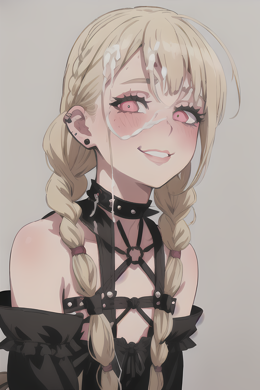 1girls, ai generated, bare shoulders, blonde female, blonde hair, blonde-haired female, blush, braids, choker, cum, cum on face, cum on hair, earrings, female, goth, goth girl, looking at viewer, piercings, pink eyes, punk, rope harness, smile, spiked collar, stable diffusion