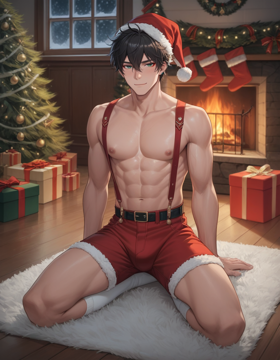 1boy abs ai_generated belt black_hair bsky_link bulge christmas christmas_clothing christmas_decorations christmas_hat christmas_outfit christmas_present christmas_tree dvxxxgrai eyeliner fireplace green_eyes honkai:_star_rail kneeling male male_only nipples pixai pony_diffusion_xl red_shorts santa_hat seated shorts smile socks solo solo_male suspenders tagme toned toned_body toned_male topless topless_male twitter_link white