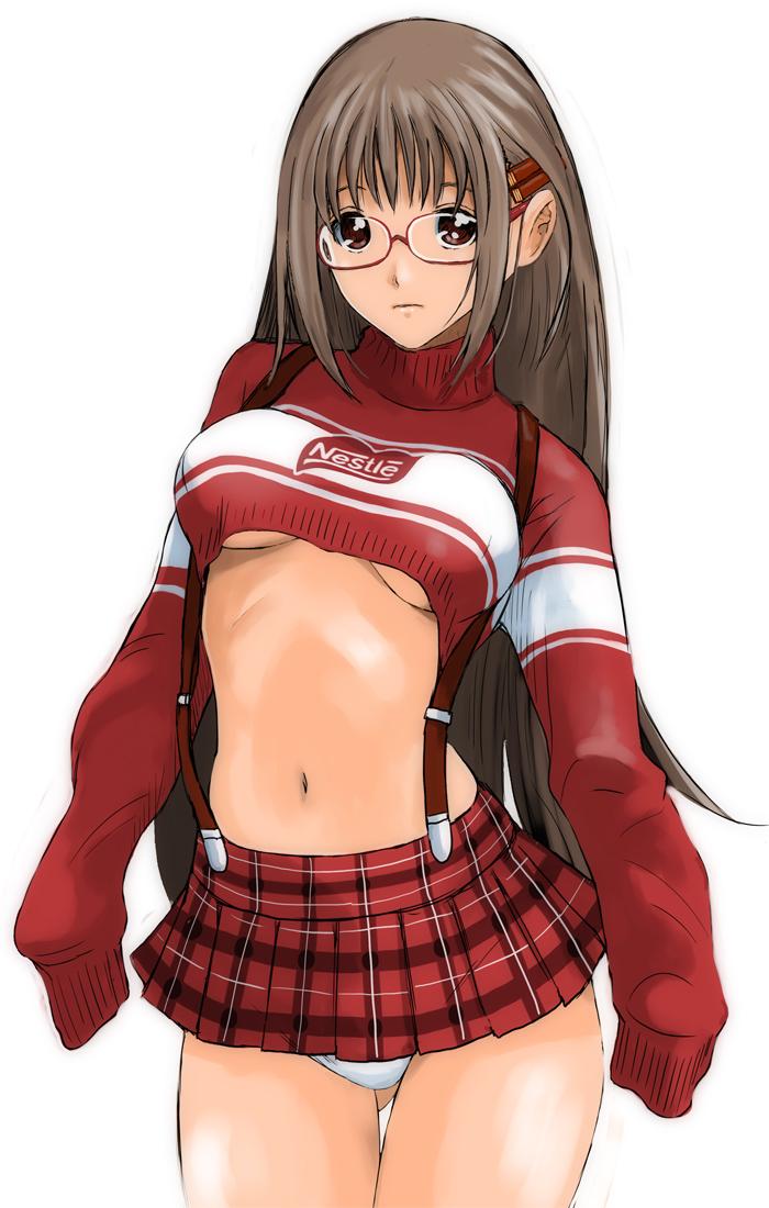 1girls breasts brown_eyes brown_hair closed_mouth cowboy_shot crop_top glasses gluteal_fold hair_between_eyes long_hair long_sleeves looking_at_viewer medium_breasts microskirt midriff miniskirt navel nestle panties plaid plaid_skirt pleated_skirt red-framed_eyewear red_skirt red_sweater ryouzou simple_background skirt sleeves_past_fingers sleeves_past_wrists solo standing stomach straight_hair suspender_skirt suspenders sweater thigh_gap underboob underboob_sweater underwear very_long_hair white_background white_panties