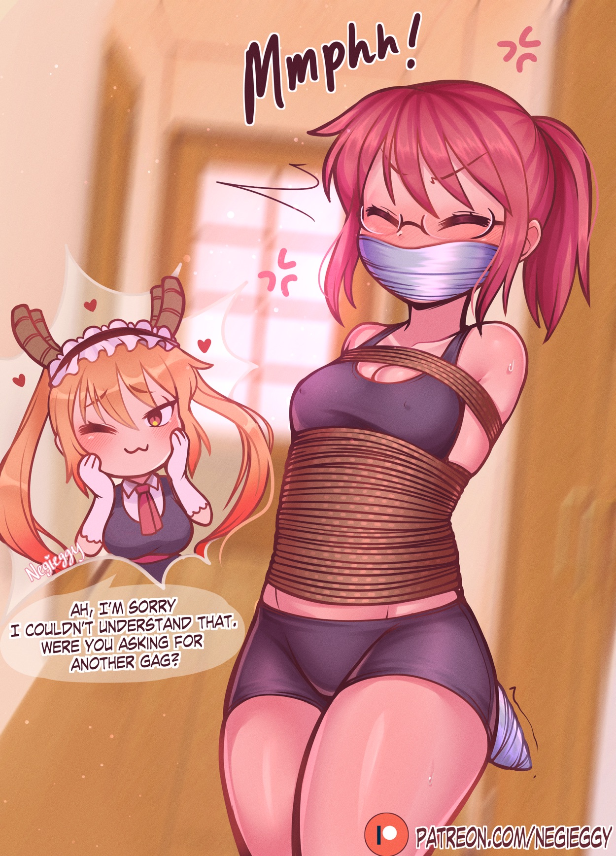 angry, bike shorts, blush, bondage, female, gag, gagged, gagged speech, glasses, kobayashi, kobayashi-san chi no maidragon, maid, maid headdress, maid uniform, miss kobayashi's dragon maid, negieggy, nipple bulge, nipples visible through clothing, ponytail, red hair, rope, rope bondage, shorts, spats, sports bra, sweatdrop, tape gag, taped hands, thighs, tohru (dragon maid), twintails, yuri