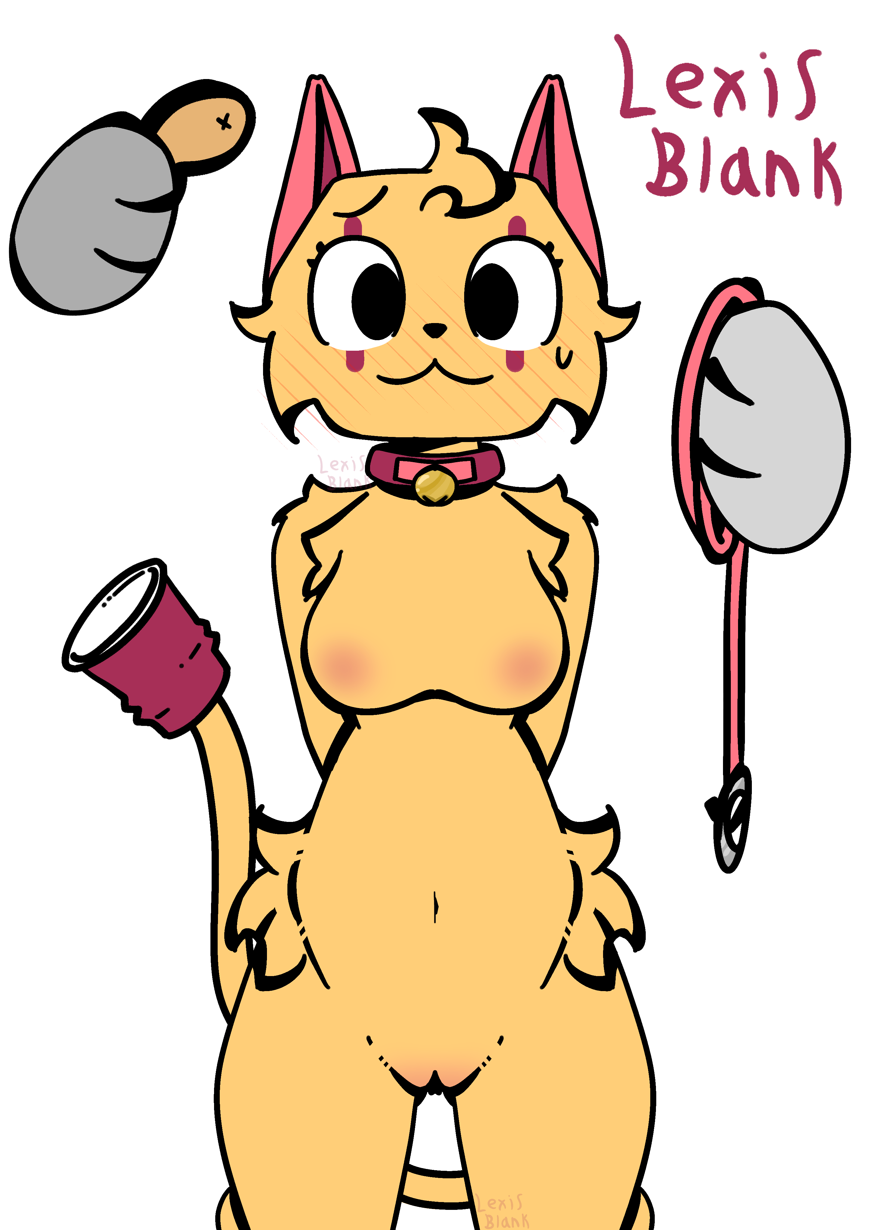 anon, bell collar, breasts, cat ears, cat tail, dandy's world, female, furry, high resolution, kinktober 2024, leash and collar, lexisblank, orange fur, petplay, pussy, scraps (dandy's world)
