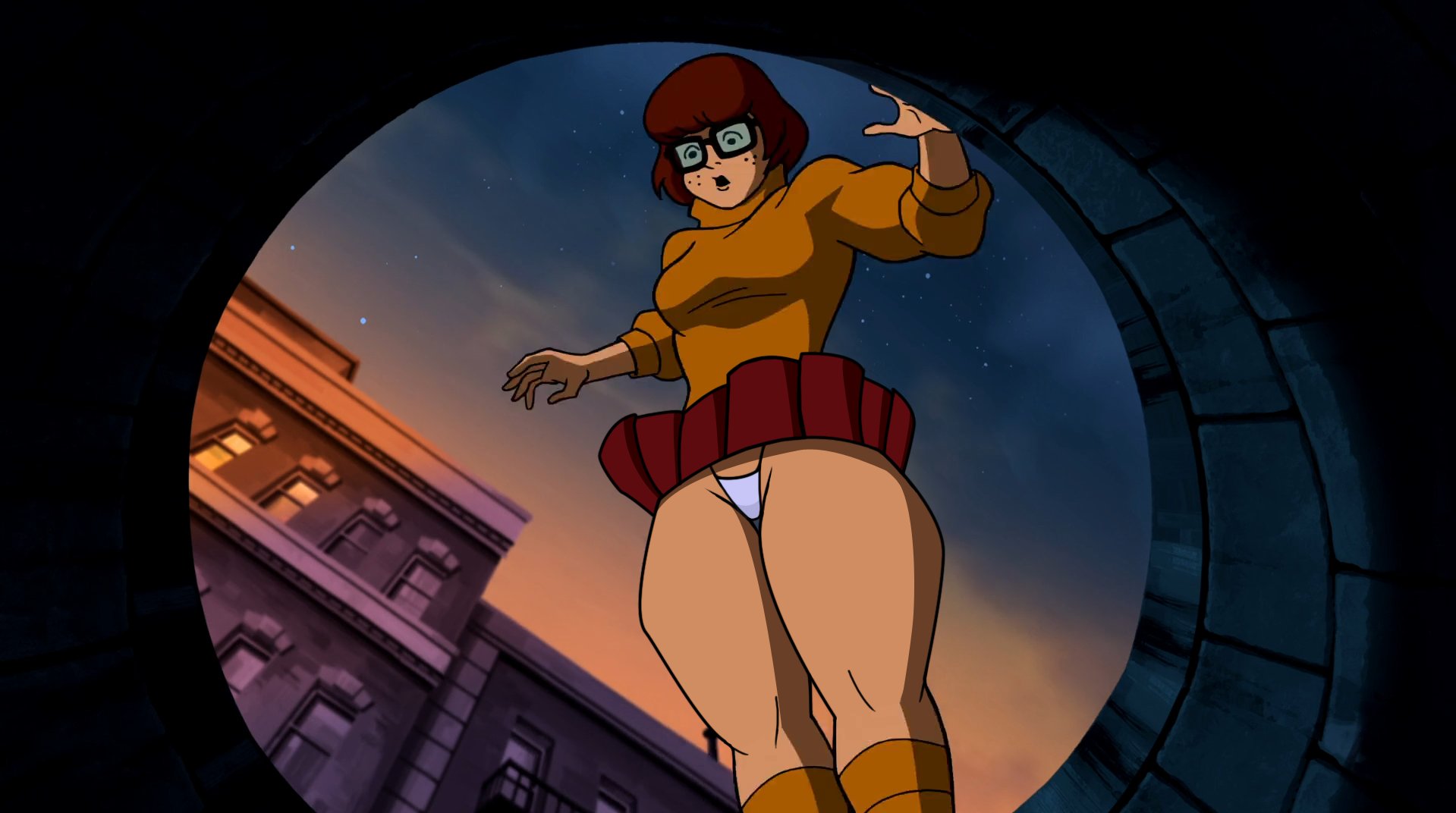 accurate art style, bare legs, breasts, brown hair, busty, edit, falling, female, female focus, female only, g-string, glasses, hanna-barbera, hourglass figure, nerd, nerdy female, public, razafrazz, scooby-doo, scooby-doo! & batman: the brave and the bold, screenshot, screenshot edit, short hair, socks, solo, tagme, thick thighs, turtleneck sweater, upskirt, velma dinkley, wide hips