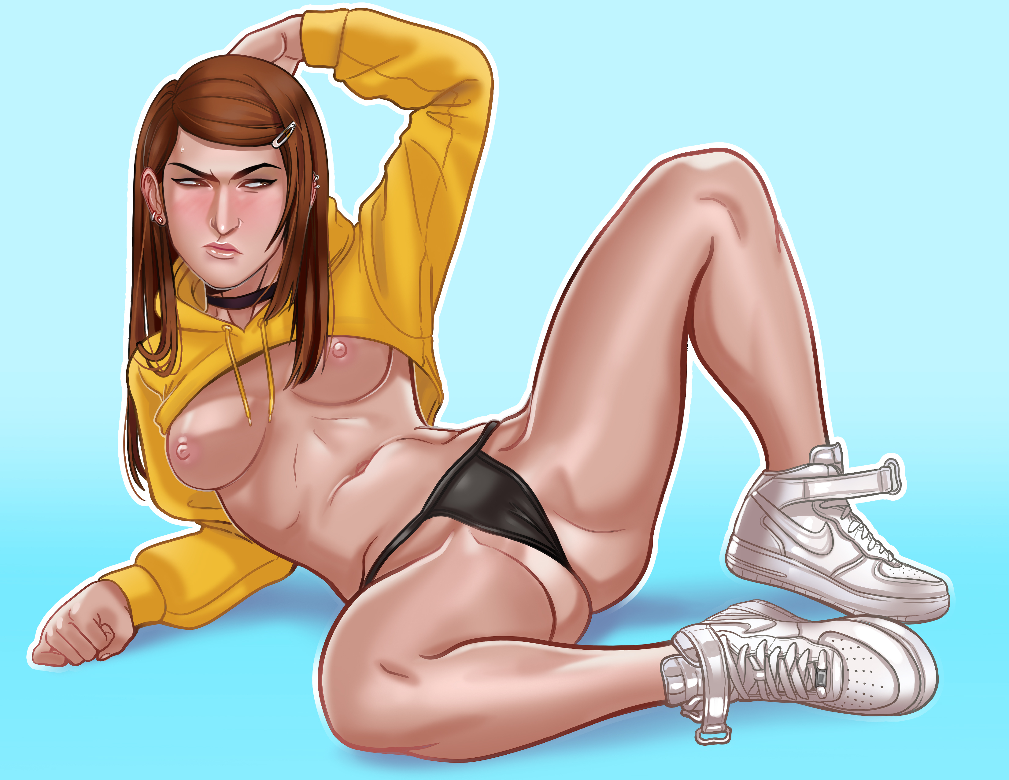 andava, andavaverse, black panties, breasts, choker, erica andreyko, female, female focus, female only, hoodie, panties, shiny skin, small breasts, thighs, tomboy
