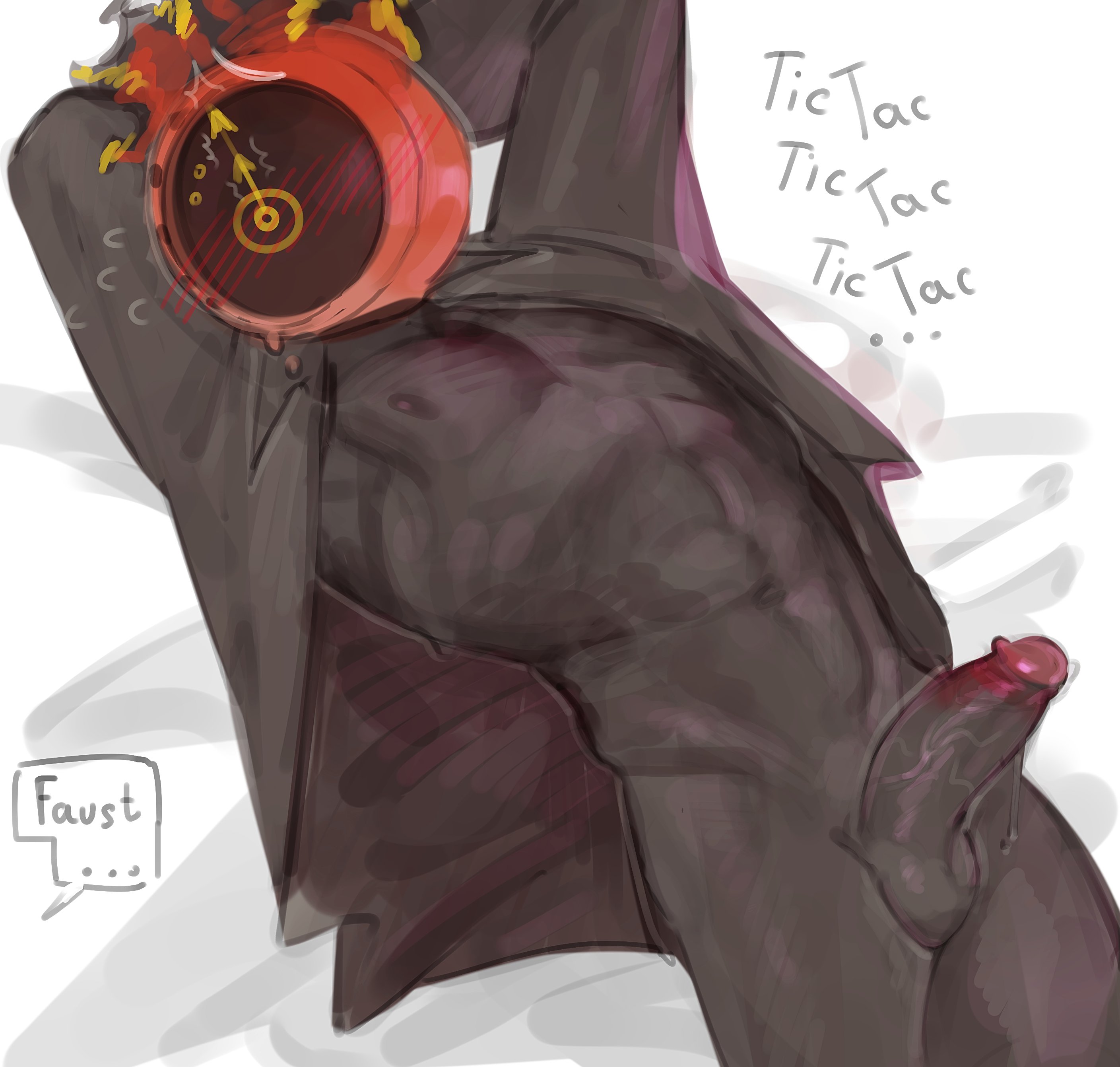 1boy, balls, blush, boner, bottomless, clock, dante (limbus company), erection, for a head, gay, gay male, hands behind head, kogito, limbus company, male, male only, muscular, object head, pantsless, penis, project moon, solo, yaoi