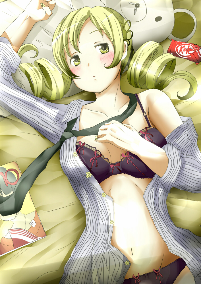 1girls blonde_hair blush bra chocolate chocolate_bar clothing drill_hair food kit_kat_(candy) lingerie looking_at_viewer lying mahou_shoujo_madoka_magica mahou_shoujo_madoka_magica_(anime) nestle on_back open_clothes open_shirt plushie rika_(kakera) shirt solo teddy_bear tomoe_mami twintails underwear yellow_eyes