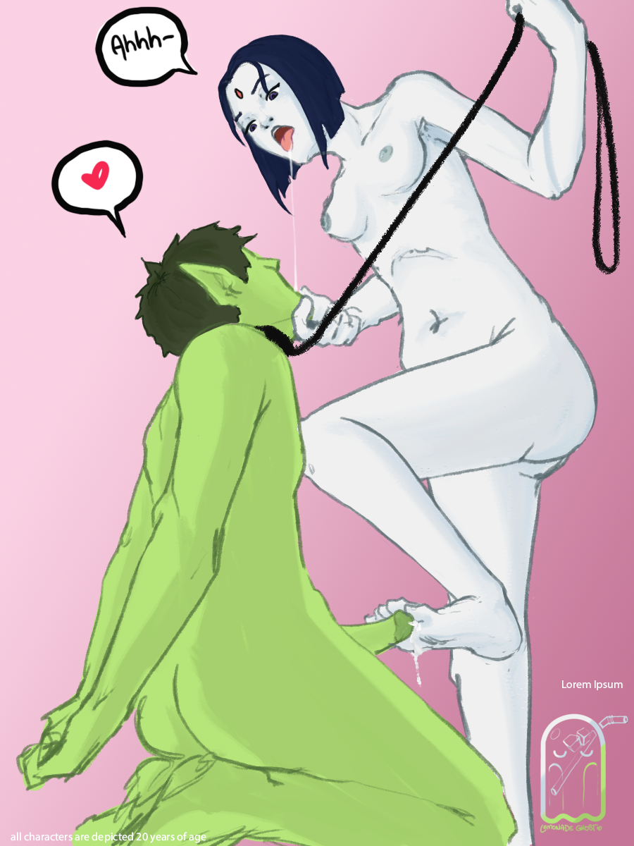 1boy, 1girls, beast boy, breasts, dc, dc comics, female, female domination, femdom, foot on penis, green skin, hands behind back, kneeling, leash, lemonade ghost, male, malesub, medium breasts, penis, raven (dc), saliva, saliva drip, saliva string, saliva swap, snowballing, submissive male, tagme, teen titans