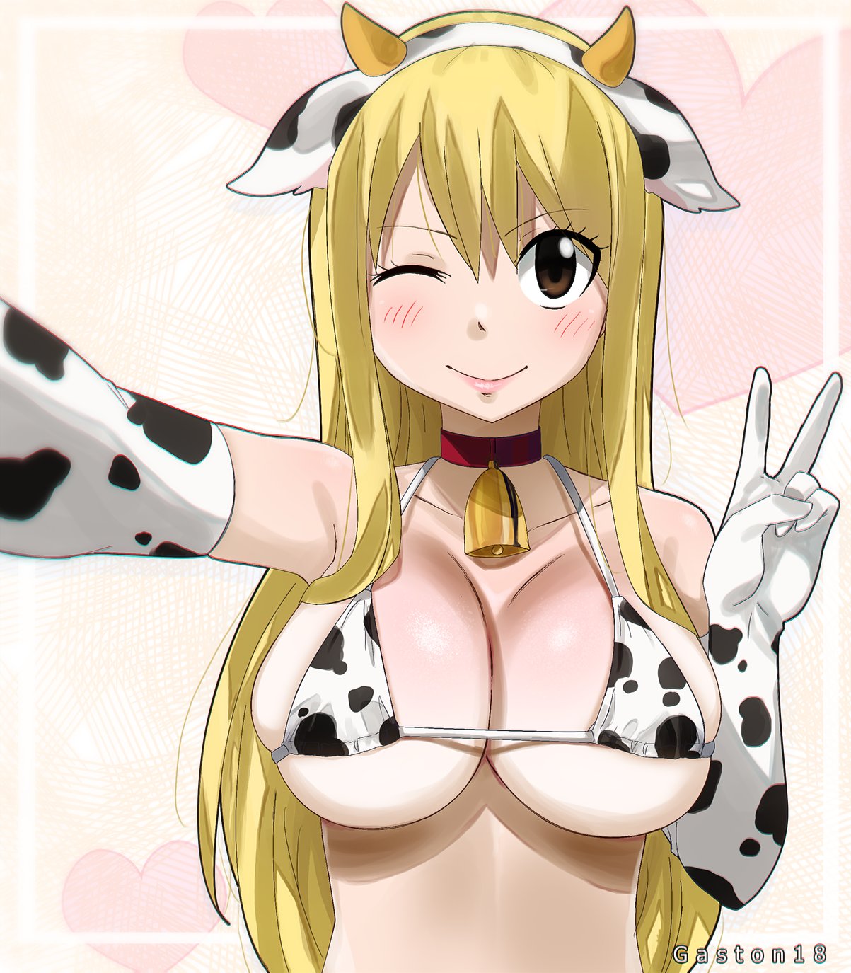 1girls, big breasts, blonde hair, blonde-haired female, breasts, brown eyes, cow ears, cow girl, cow print, fairy tail, female, gaston18, lucy heartfilia, underboob, white bikini, white bra