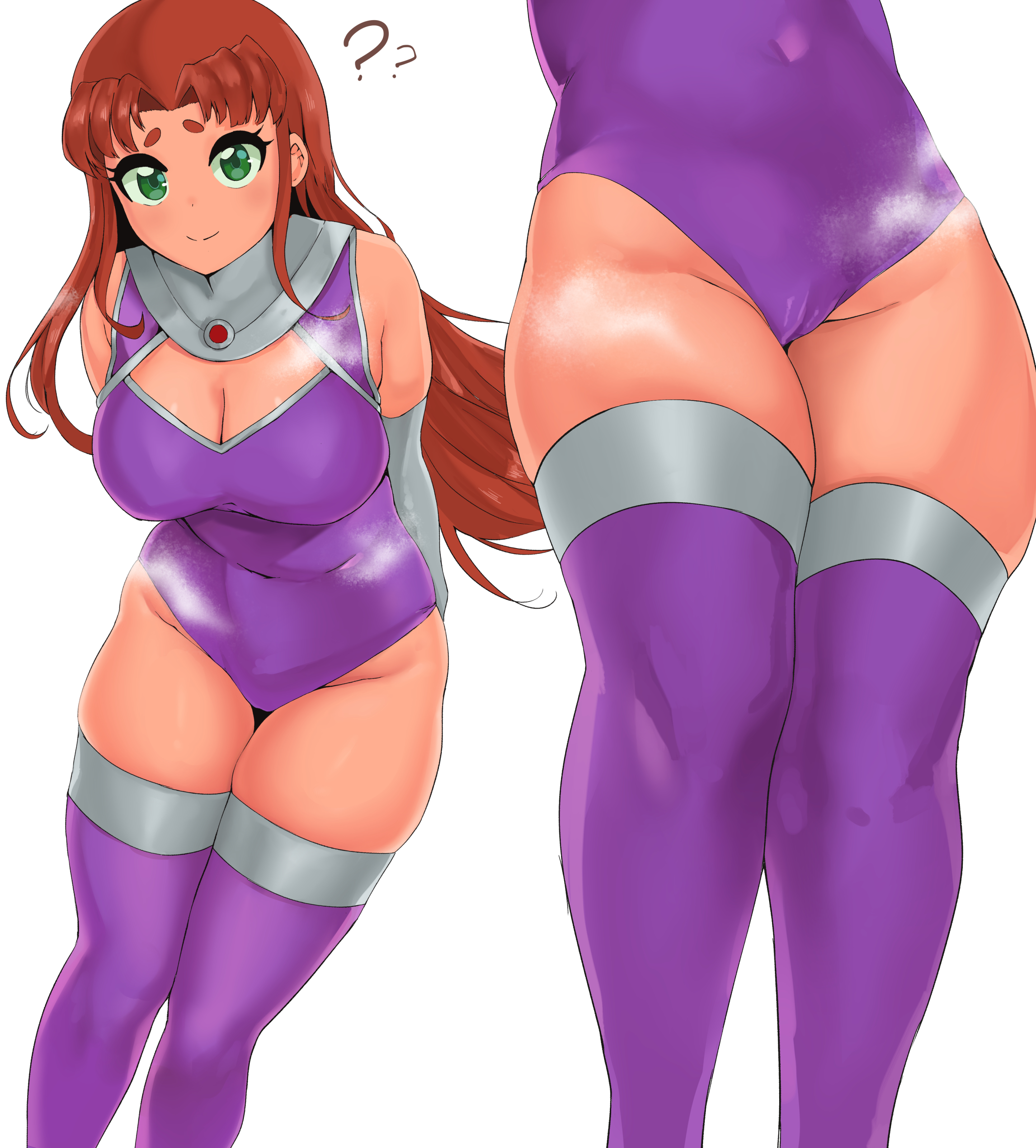 1girls, alien girl, boots, cameltoe, covered navel, curvaceous, curvy figure, dc, dc comics, eye contact, female, green eyes, green sclera, high heel boots, leotard, long hair, looking at viewer, pussy, solo, standing, starfire, steam, teen titans, thick thighs, thigh boots, thigh high boots, thighhigh boots, thighs, white background, wide hips, yotahen