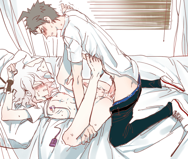 2boys, anal penetration, anal sex, ass, bed, bed sheet, bedroom, blue eyes, bondage, boxers, closed eyes, clothed, cum in ass, curly hair, danganronpa, danganronpa 2: goodbye despair, erect nipples, erection, exposed nipples, eyes closed, gritted teeth, hands above head, hinata hajime, indoor, legs held open, long hair, looking at another, male, male only, mating press, mostly nude, mostly nude male, multiple boys, multiple males, nagito komaeda, nipples, on bed, pants, pants down, pants removed, pantsless, penetration, penis, penis size difference, pillows, questionable consent, rough sex, shirt lift, shirt up, shoes, shoes on, side view, skinny, skinny male, spread legs, straight hair, sweat, tied up, vibrator, vibrator on nipple, wavy hair, white bed sheet, white hair, wrists tied, yaoi