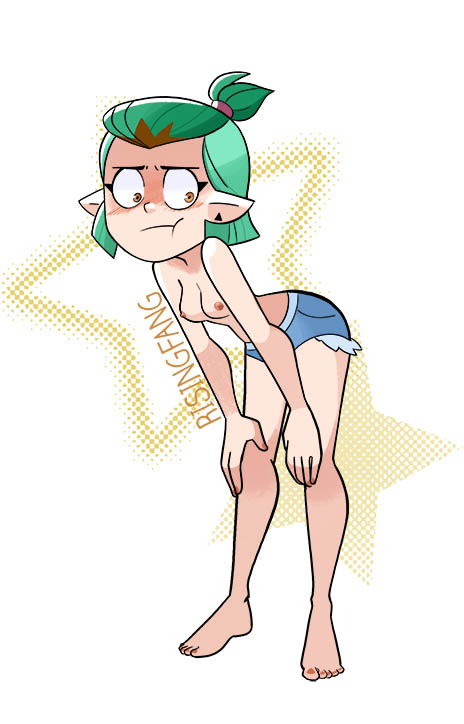 1girls accurate_art_style amity_blight blush blushing disney disney_channel dyed_hair embarrassed female female_only green_hair jean_shorts nipples no_shoes pointy_ears risingfang shoeless short_green_hair shorts solo the_owl_house topless