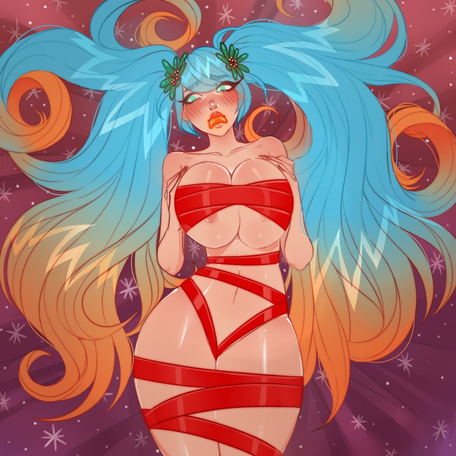 1girls, big breasts, blue eyes, blue hair, blush, bondage, breast grab, breasts, eyelashes, female, female only, grabbing sheets, hourglass figure, ilewdha, league of legends, nude, sona buvelle, thick thighs, wide hips