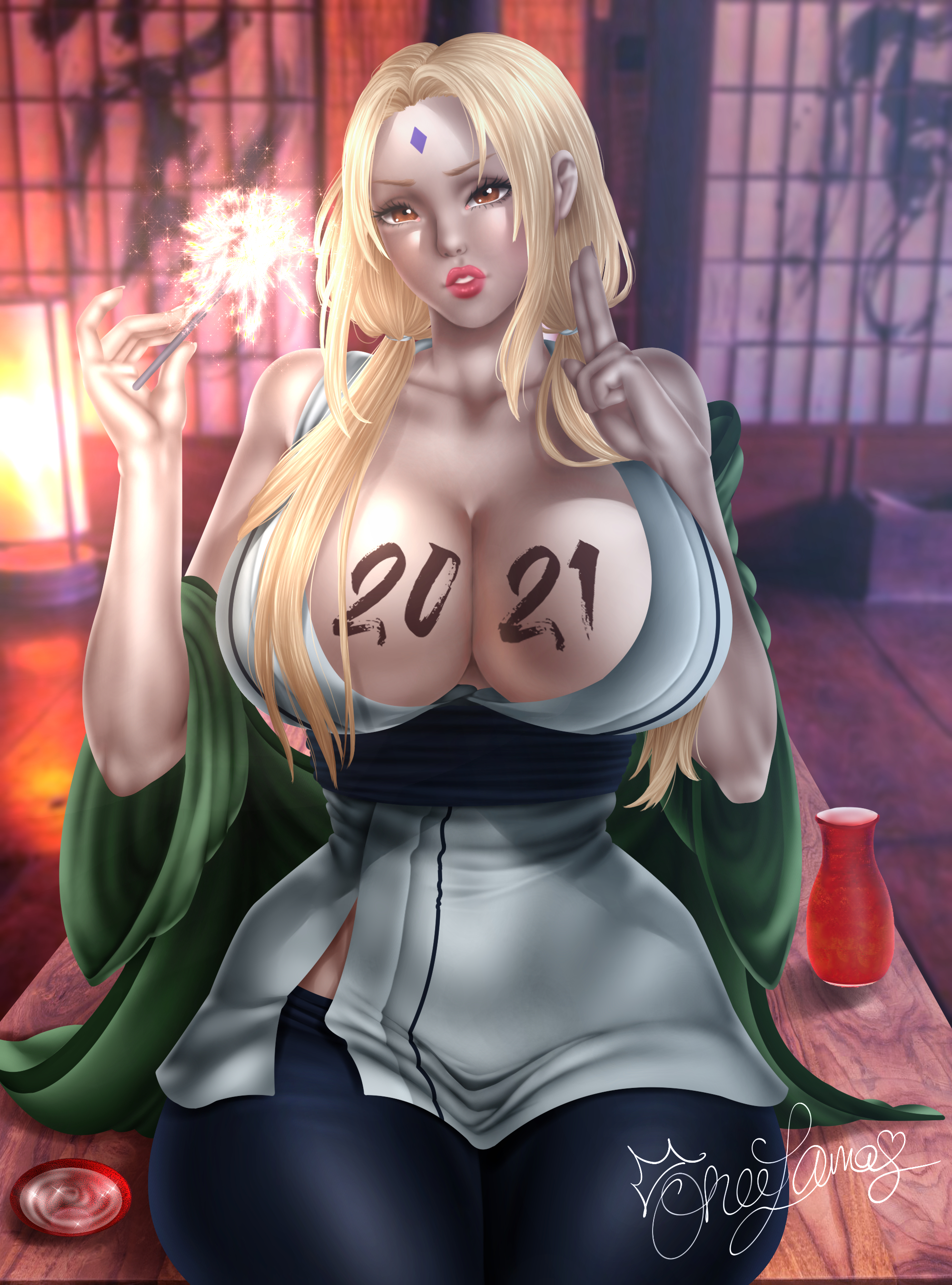 1girls, 2021, bare shoulders, big breasts, blonde hair, body writing, breasts, brown eyes, cleavage, clothing, facial mark, female, female only, forehead mark, haori, huge breasts, kimono, lipstick, long hair, looking at viewer, makeup, naruto, naruto (series), naruto shippuden, pants, parted lips, sash, short kimono, sitting, tied hair, tsunade, twintails, xxxone samaxxx