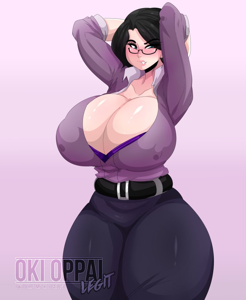 1girls, 2d, belt, big breasts, black hair, bra, breasts, cleavage, clothed, female, female only, glasses, gradient background, hourglass figure, human, human female, human only, large breasts, miss pauling, okioppai, purple background, purple bra, purple shirt, shirt, simple background, solo, solo female, straight, team fortress 2, thick, thick thighs, valve corporation