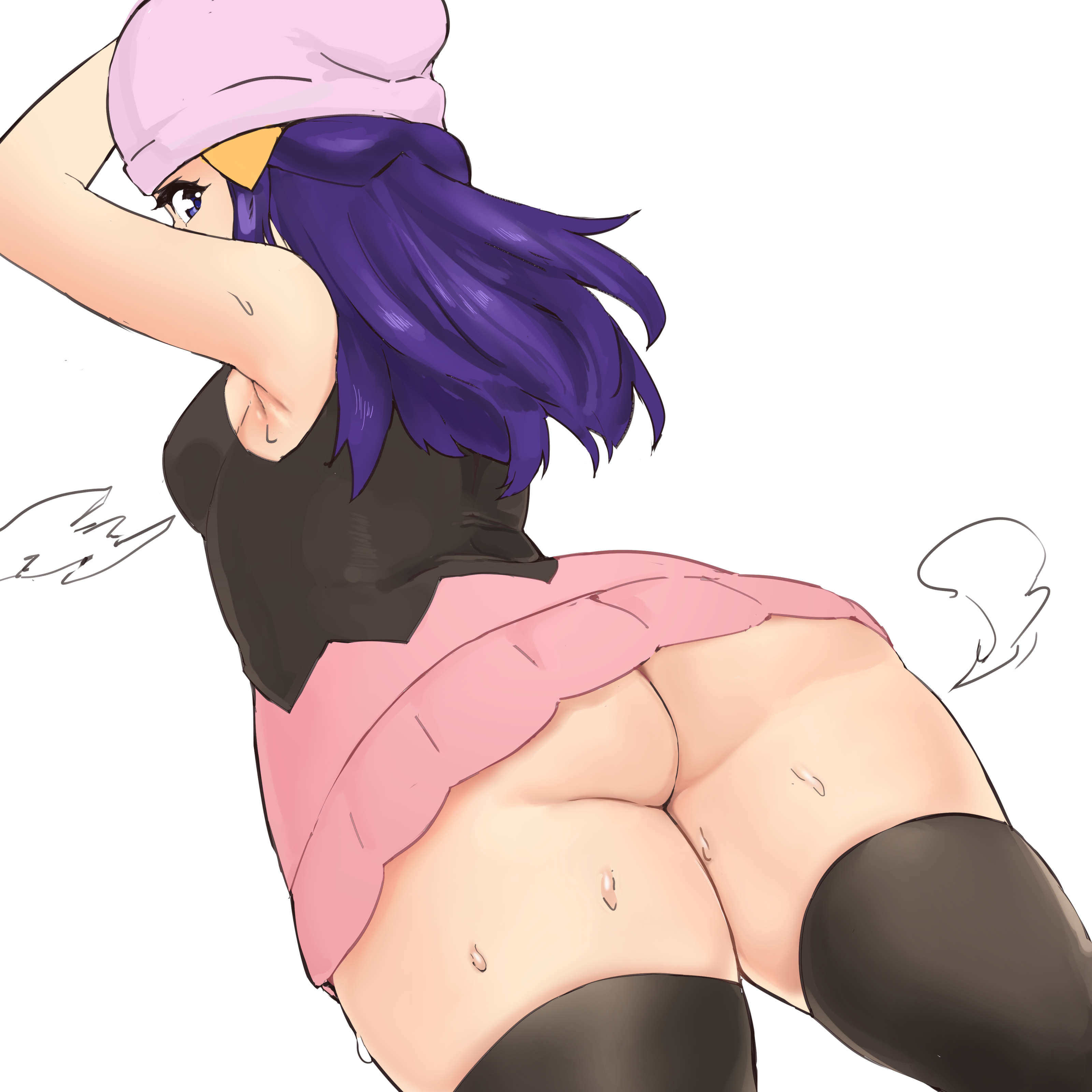 1girls, armpits, ass, ass hanging out, ass hanging out of skirt, big ass, blue eyes, blue hair, breasts, curvy figure, dawn (pokemon), eye contact, female, hat, long hair, looking at viewer, looking back, miniskirt, nintendo, pokemon, pokemon dppt, skirt, skirt lift, solo, standing, sweat, thick ass, thick thighs, thighs, upskirt, yotahen, yotamono