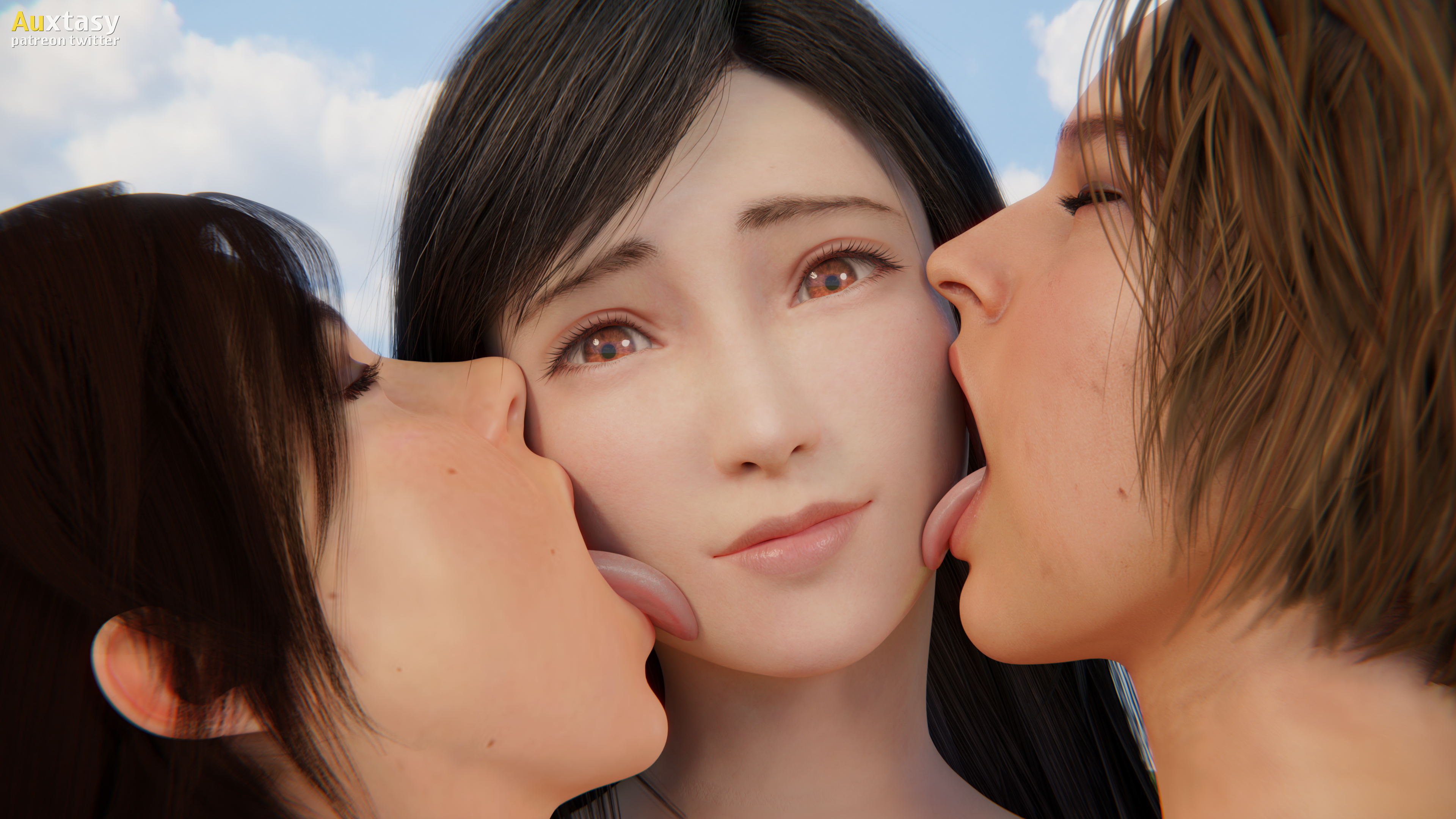 3d, 3girls, auxtasy, blender, crossover, female, female only, final fantasy, final fantasy vii, final fantasy vii remake, jill valentine, jill valentine (sasha zotova), lara croft, lara croft (survivor), lesbian, licking, licking face, light skin, light-skinned female, looking at viewer, resident evil, resident evil 3, resident evil 3 remake, tifa lockhart, tomb raider, tomb raider (survivor), tongue, wholesome, yuri
