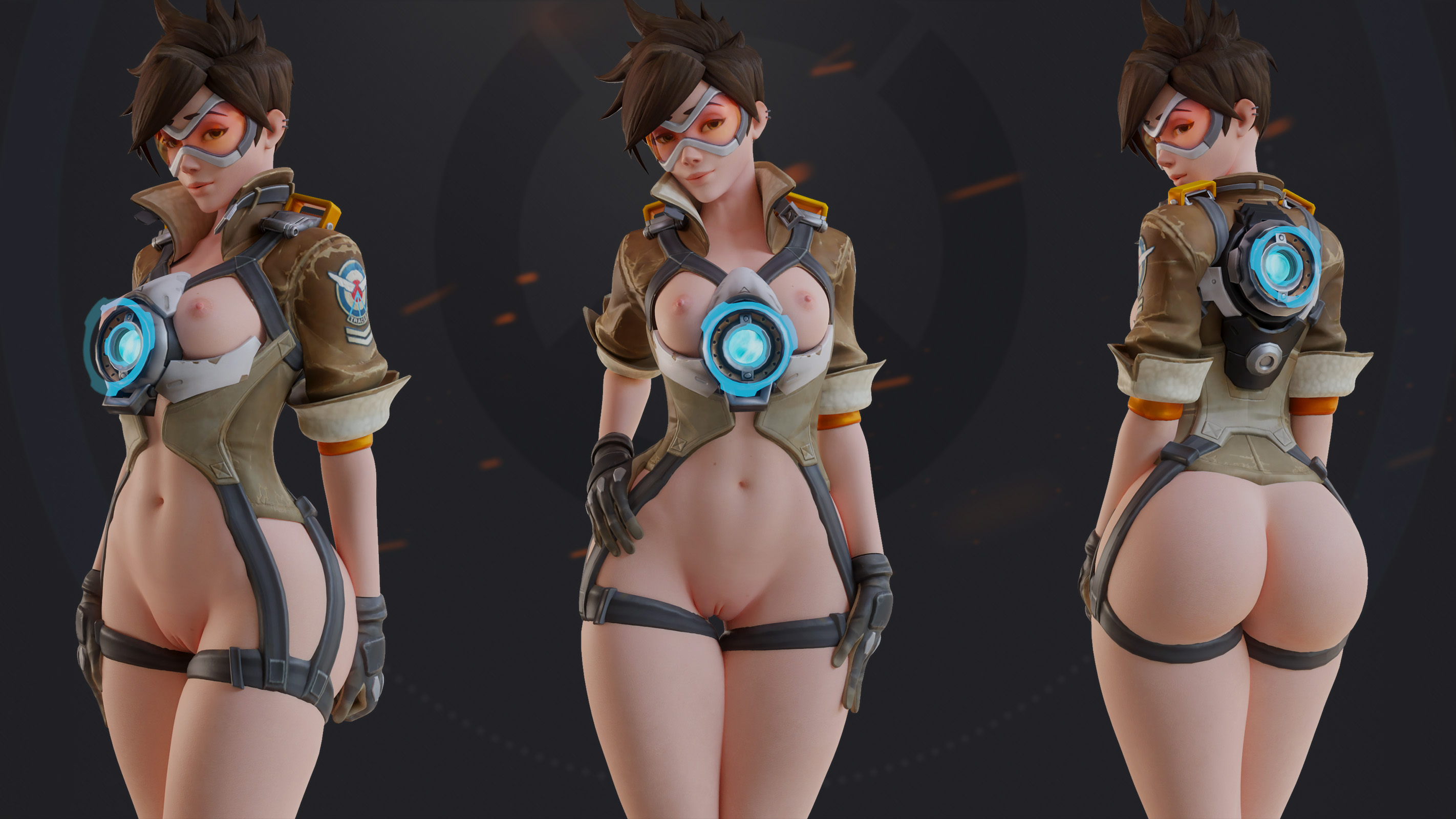 1girls, 3d, areolae, arhoangel, ass, big ass, blender, breasts, female, female only, looking at viewer, nipples, nude, orange-tinted eyewear, overwatch, solo, thick thighs, tinted eyewear, tracer, visor, wide hips
