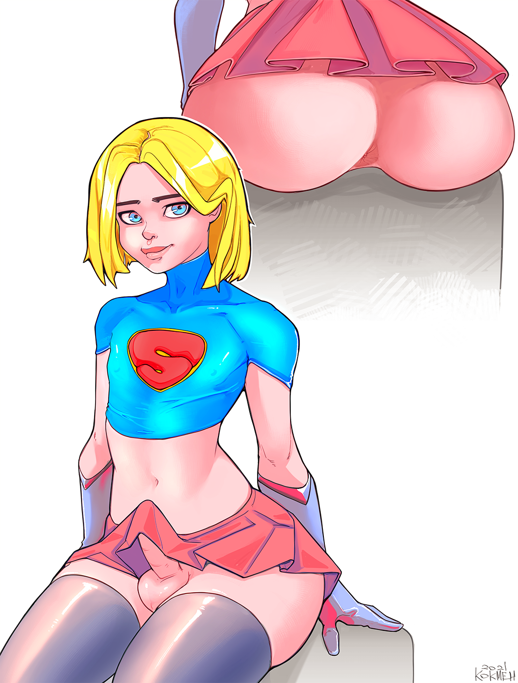 1boy anus ass asshole big_ass black_socks blonde_hair blue_eyes crossdressing dc dc_comics erect_nipples erection erection_under_clothes erection_under_skirt femboy feminine_male genderswap_(ftm) gloves kokman male_only nipples_visible_through_clothing no_panties penis_under_skirt rule_63 small_penis socks solo solo_male supergirl superheroine thigh_socks thighhighs trap