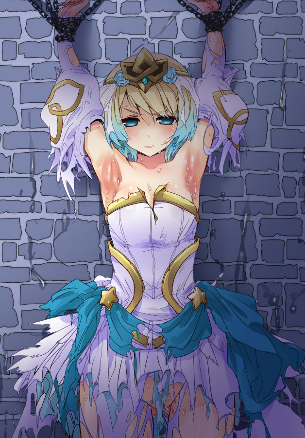 1girls angry armpits big_breasts blonde_hair blue_eyes blush bondage bouncing_breasts bride chains cum cum_on_ground cum_on_wall fire_emblem fire_emblem_heroes fjorm_(bridal)_(fire_emblem) fjorm_(fire_emblem) hirowa_nagi looking_at_viewer lowres multicolored_hair nintendo no_panties restrained short_hair solo solo_female sweat thick_thighs wedding_dress