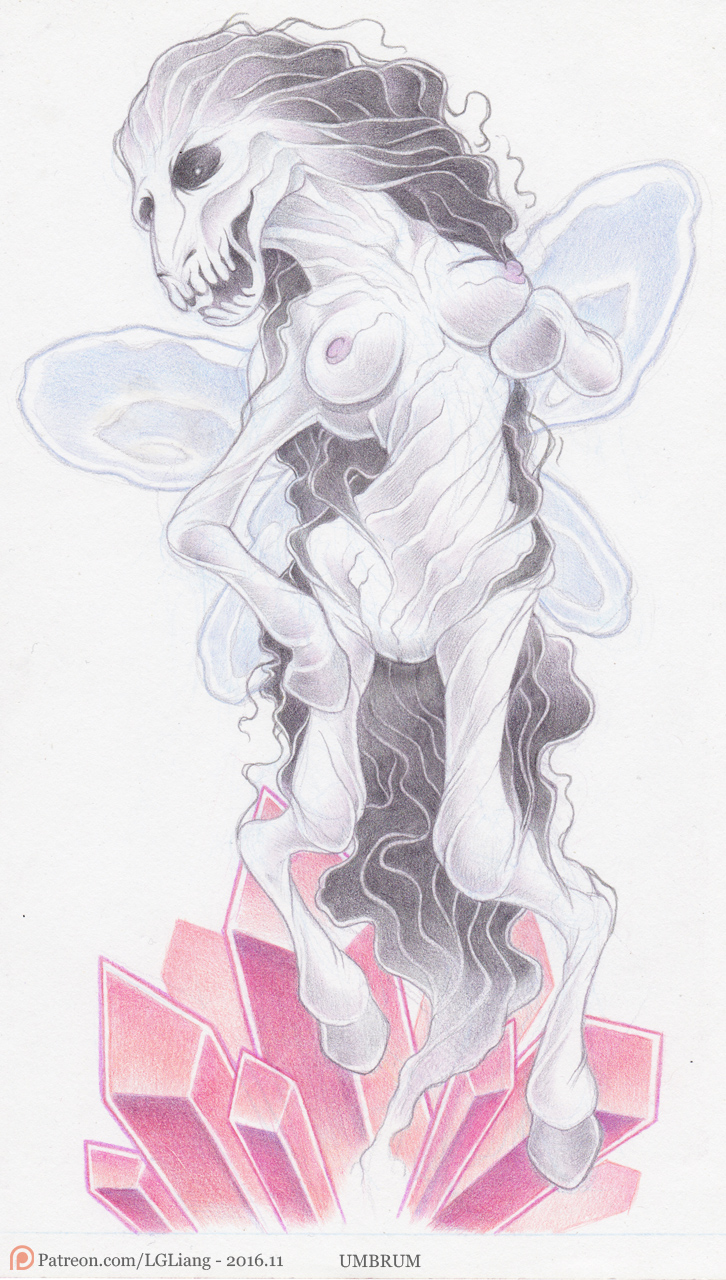 2016 anthro barely_visible_genitalia barely_visible_pussy breasts conditional_dnp equid female full-length_portrait genitals grey_body hasbro hi_res hooves idw_comics idw_publishing loupgarou mammal my_little_pony my_little_pony_(idw) nipples nude portrait pussy skull_head solo spirit text traditional_media_(artwork) umbrum url