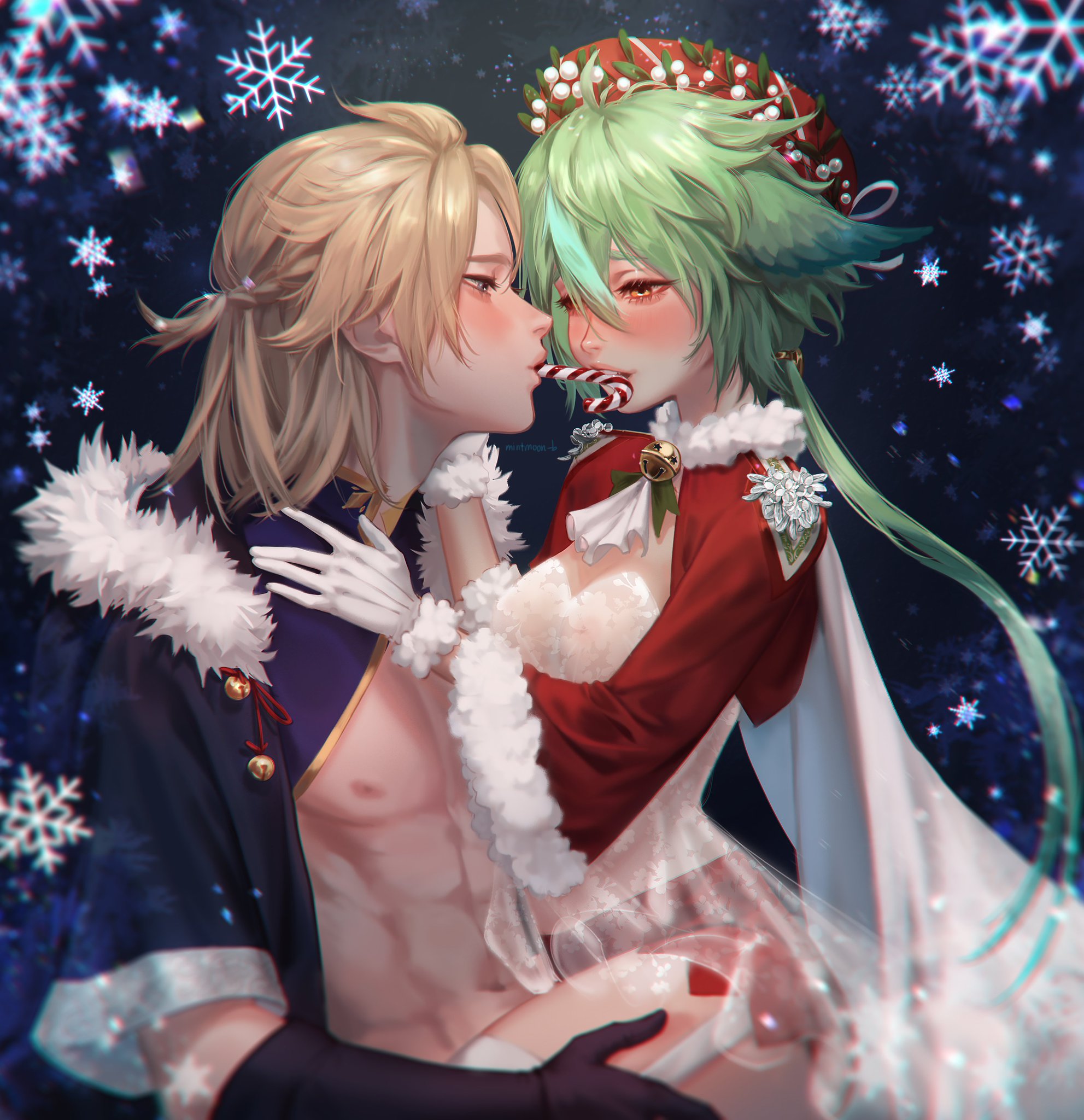 1boy, 1girls, abs, albedo (genshin impact), animal ears, bell, blonde hair, blue eyes, breasts, brown hair, candy cane, cape, cat ears, christmas outfit, female, genshin impact, gloves, green hair, hands on hips, hat, hood, lingerie, male, medium breasts, mintmoon b, straight, sucrose (genshin impact), tagme, yellow eyes