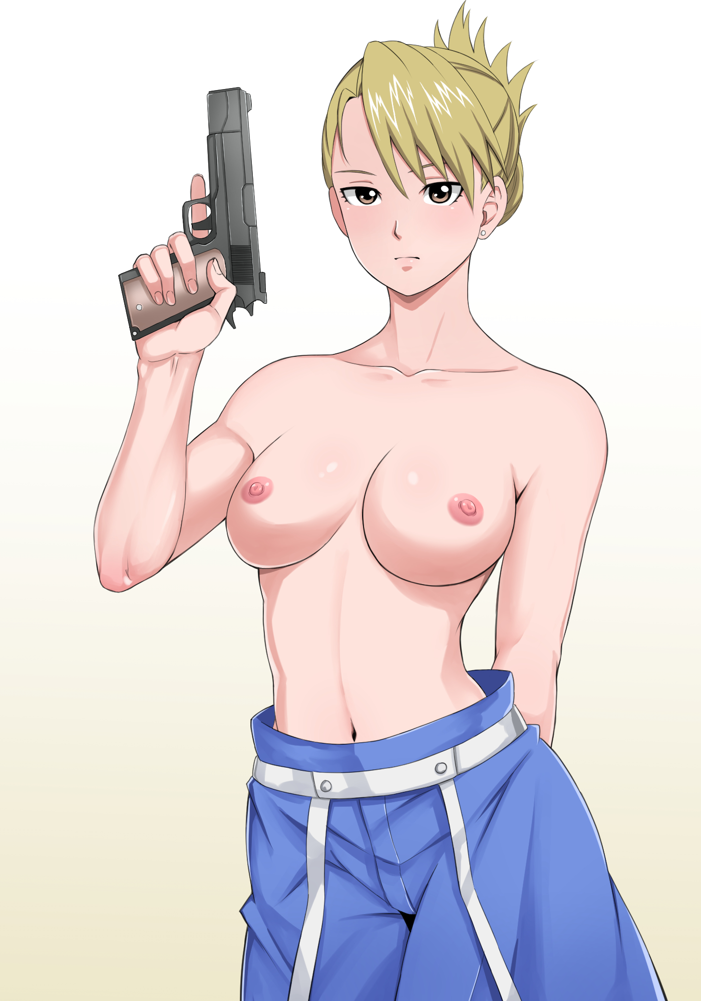 1girls, artist request, blonde hair, breasts, brown eyes, female, female only, firearm, fullmetal alchemist, gun, half naked, nipples, no bra, nude, pants, pink nipples, pistol, plain background, riza hawkeye, solo, tagme, topless, uncensored
